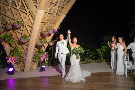 Let the celebration begin! Raising your hands together as you make your grand entrance into your first party as newlyweds. Surrounded by cheers, music, and stunning illuminated bamboo design, an unforgettable night unfolds